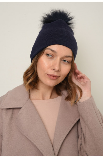 Шапка женская весна - осень темно синего цвета с синим  бубоном 150949L