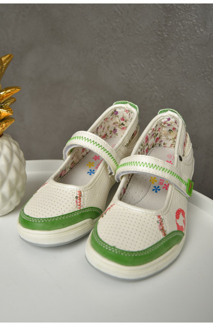 Туфли детские девочка белого цвета с зеленой вставкой 156074L