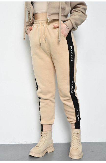 Спортивные штаны женские на флисе бежевого цвета 168670L