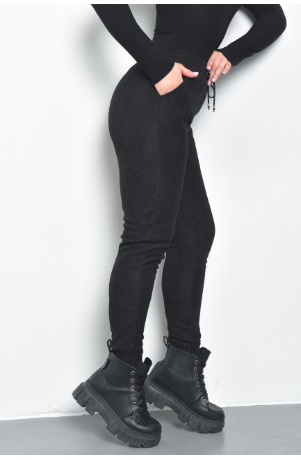 Спортивные штаны женские вельветовые на флисе черного цвета 168847L