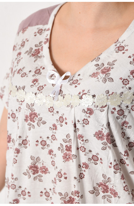 Нічна сорочка жіноча батальна білого кольору з квітковим принтом 169118L