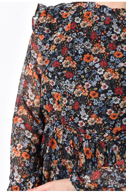 Платье женское шифоновое черного цвета в цветочек 171410L