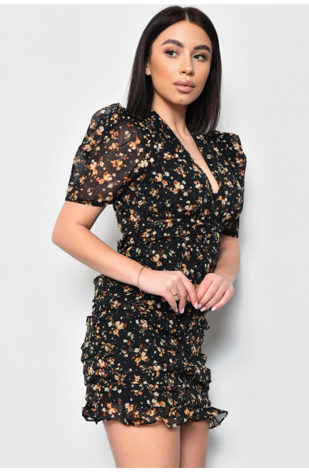 Платье женское шифоновое черного цвета в цветочек 171443L