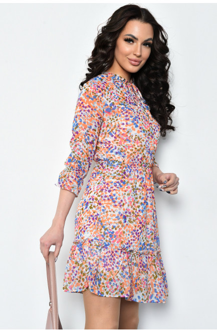 Сукня жіноча шифонова персикового кольору з різнокольоровими візерунками 171446L