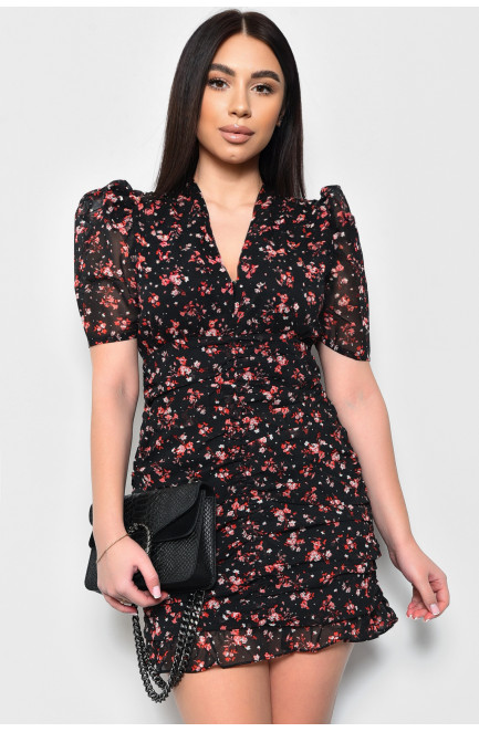 Платье женское шифоновое черного цвета в цветочек 171461L