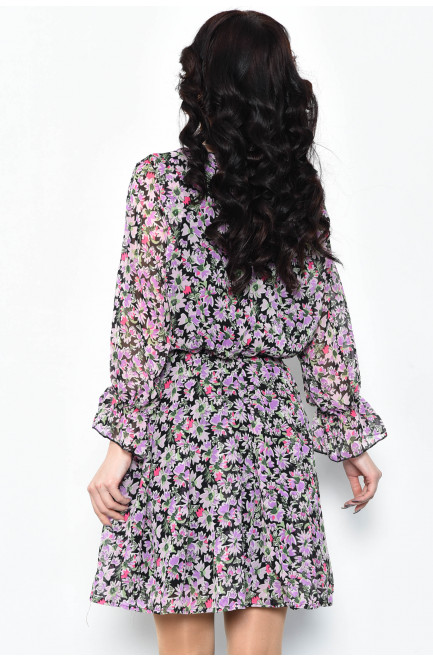 Платье женское шифоновое черного цвета в сиреневый цветочек 171565L