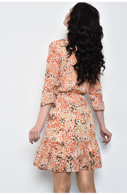 Платье женское шифоновое молочного цвета с разноцветными узорами 171593L