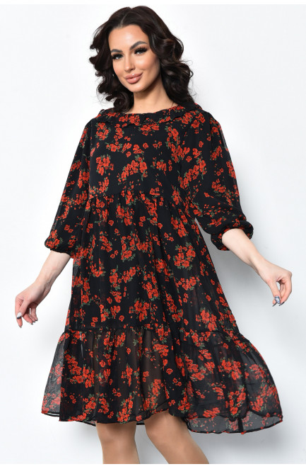 Платье женское шифоновое черного цвета с красными цветами 171607L