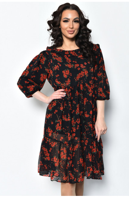 Сукня жіноча шифонова чорного кольору з червоними квітами 171607L