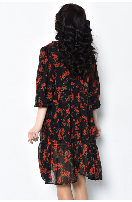 Платье женское шифоновое черного цвета с красными цветами 171607L