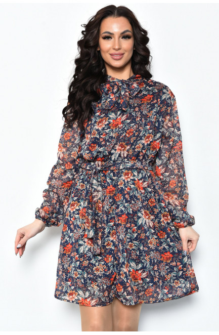 Платье женское шифоновое темно-синего цвета с цветами 171613L