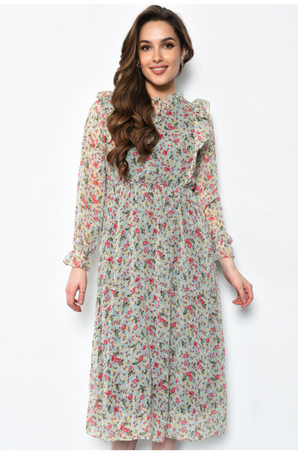 Платье женское шифоновое мятного цвета с цветами 171622L