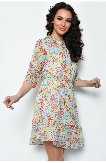 Сукня жіноча шифонова бірюзового кольору з різнокольоровими візерунками 171634L
