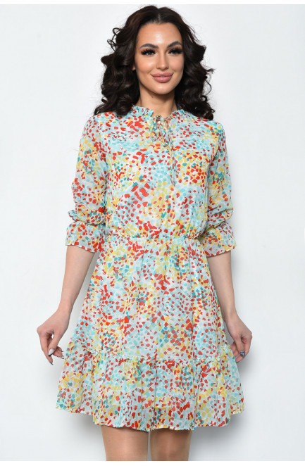 Платье женское шифоновое бирюзового цвета с разноцветными узорами 171634L