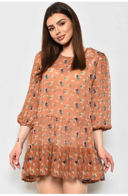Платье женское шифоновое светло-коричневого цвета в цветочек 172129L