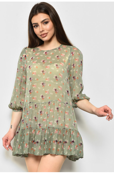 Платье женское шифоновое светло-зеленого цвета в цветочек 172131L