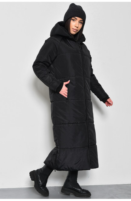 Куртка женская еврозима удлиненная черного цвета 172224L