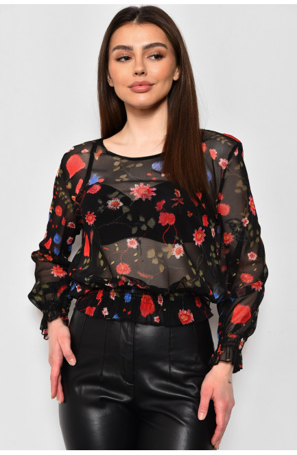 Блуза жіноча в сіточку з принтом чорного кольору 173779L