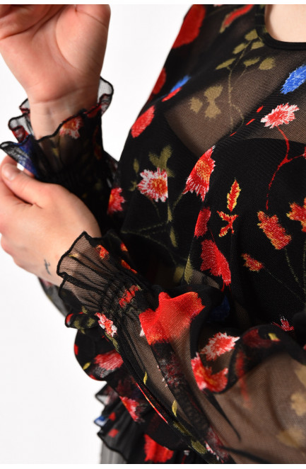 Блуза жіноча в сіточку з принтом чорного кольору 173779L