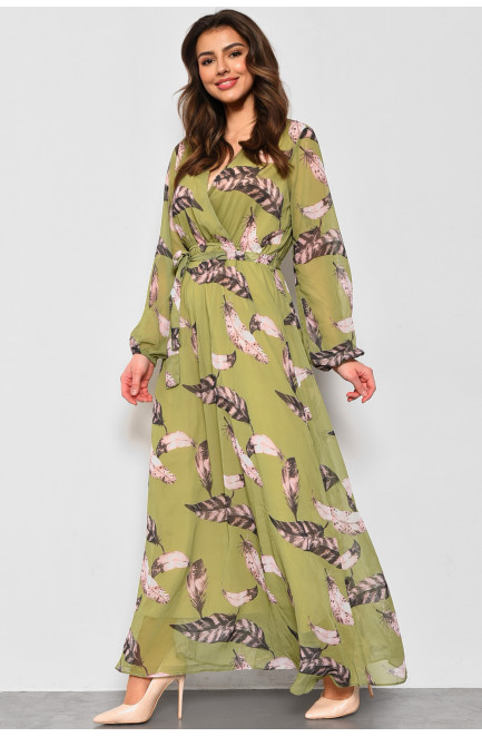 Платье женское шифоновое зеленого цвета с цветочным принтом 173928L