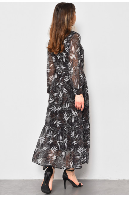Платье женское шифоновое черного цвета с цветочным принтом 173940L
