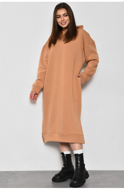 Платье-худи женское полубатальное на флисе светло-коричневого цвета 174093L