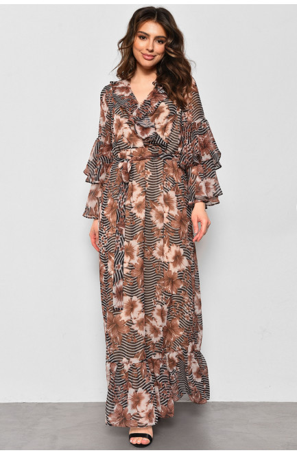 Сукня жіноча шифонова коричневого кольору з принтом 174146L