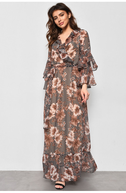 Сукня жіноча шифонова коричневого кольору з принтом 174146L
