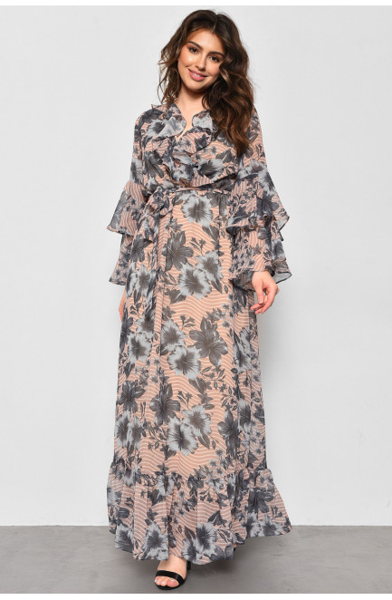 Платье женское шифоновое бежевого цвета с принтом 174147L