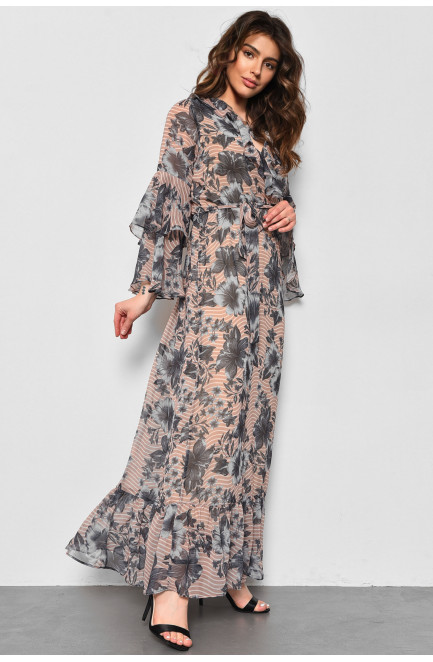Сукня жіноча шифонова бежевого кольору з принтом 174147L