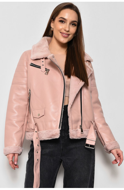 Дубленка женская из экокожи на искусственном меху розового цвета 174343L