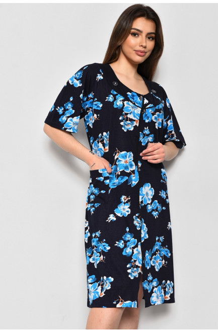 Халат жіночий батальний з квітковим принтом темно-синього кольору 174622L
