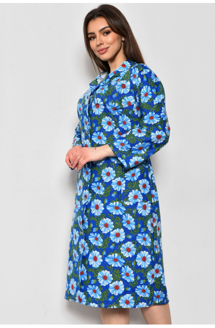 Халат жіночий байковий напівбатальний синього кольору з квітковим принтом 174669L