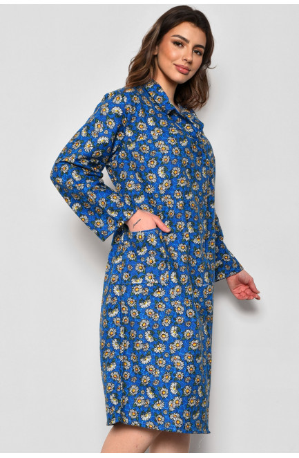Халат жіночий байковий напівбатальний синього кольору з квітковим принтом 174671L