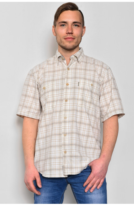 Рубашка мужская батальная бежевого цвета в клеточку 174760L