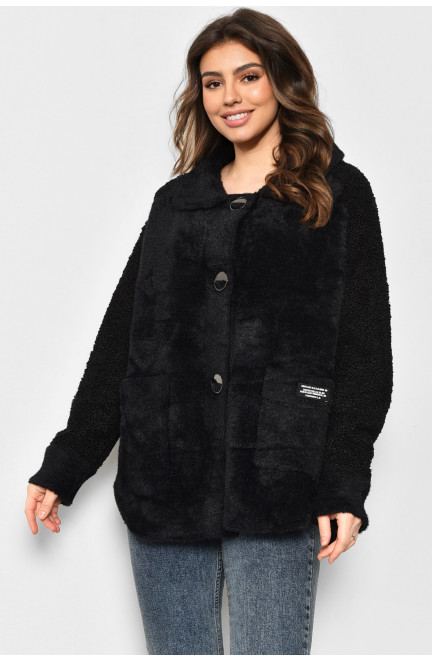 Пальто женское полубатальное из альпаки черного цвета 175890L