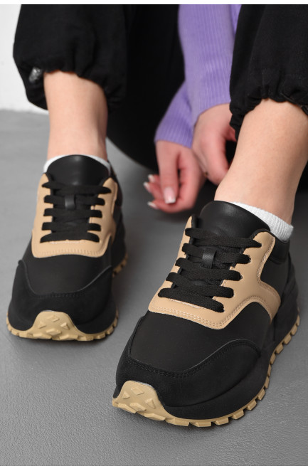 Кросівки жіночі чорно-бежевого кольору на шнурівці 176891L