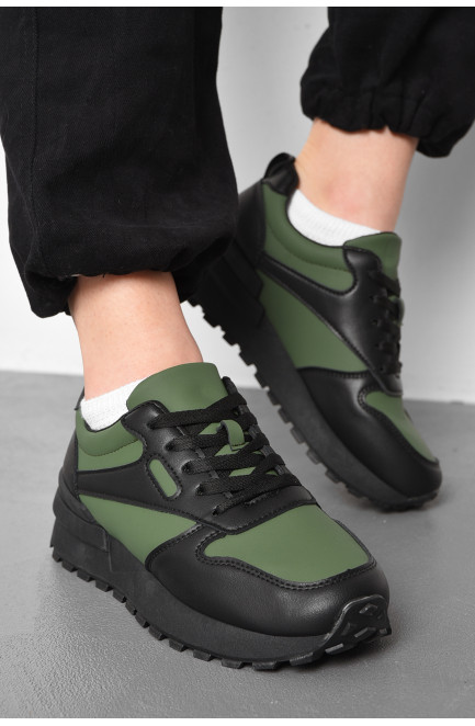 Кросівки жіночі чорно-зеленого кольору на шнурівці 176934L