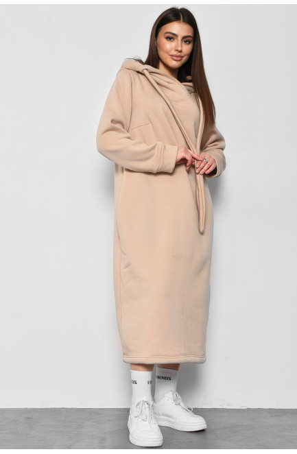 Платье-худи женское полубатальное на флисе бежевого цвета 177087L