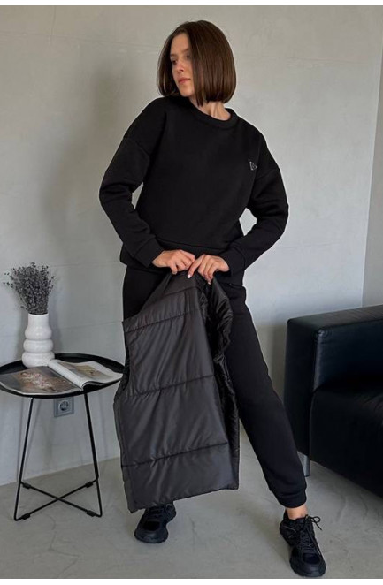 Спортивний костюм жіночий напівбатальний на флісі чорного кольору 177219L