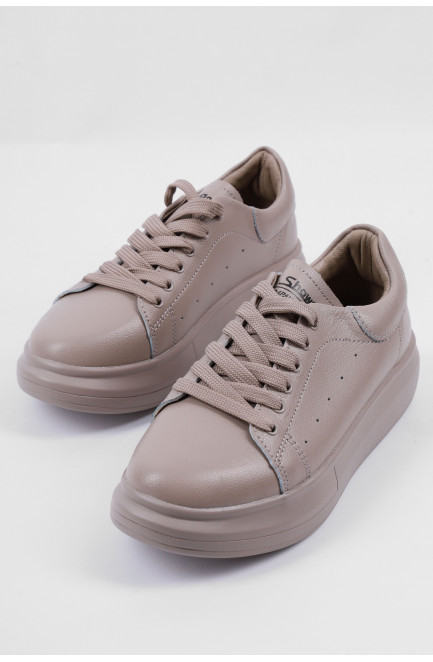 Кросівки жіночі натуральна шкіра темно-бежевого кольору на шнурівці 178373L