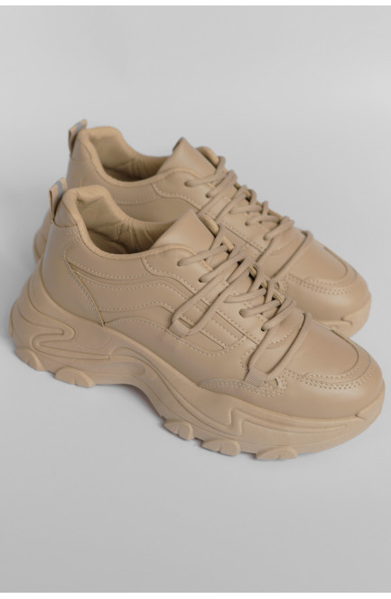 Кросівки жіночі бежевого кольору на шнурівці 178384L