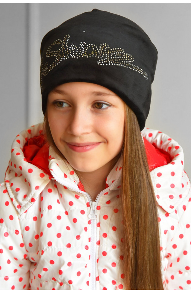 Шапка подростковая для девочки велюровая  черного цвета 182943L