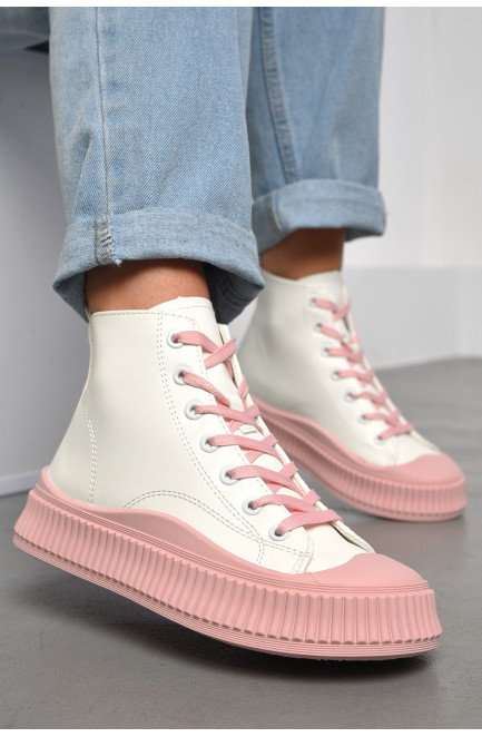 Кеды женские высокие бело-розового цвета на шнуровке 183134L