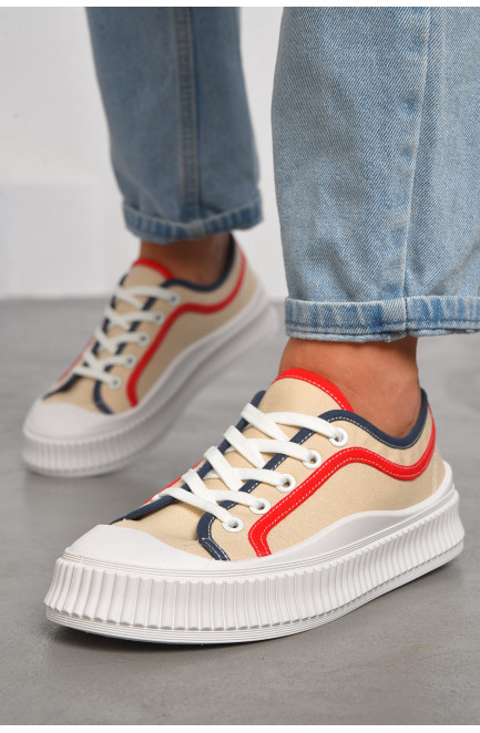 Кеды женские бежевого цвета на шнуровке текстиль 184114L