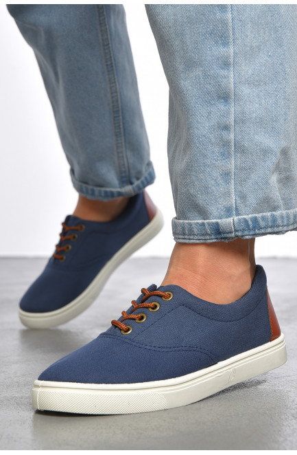 Мокасины женские синего цвета на шнуровке текстиль 187146L