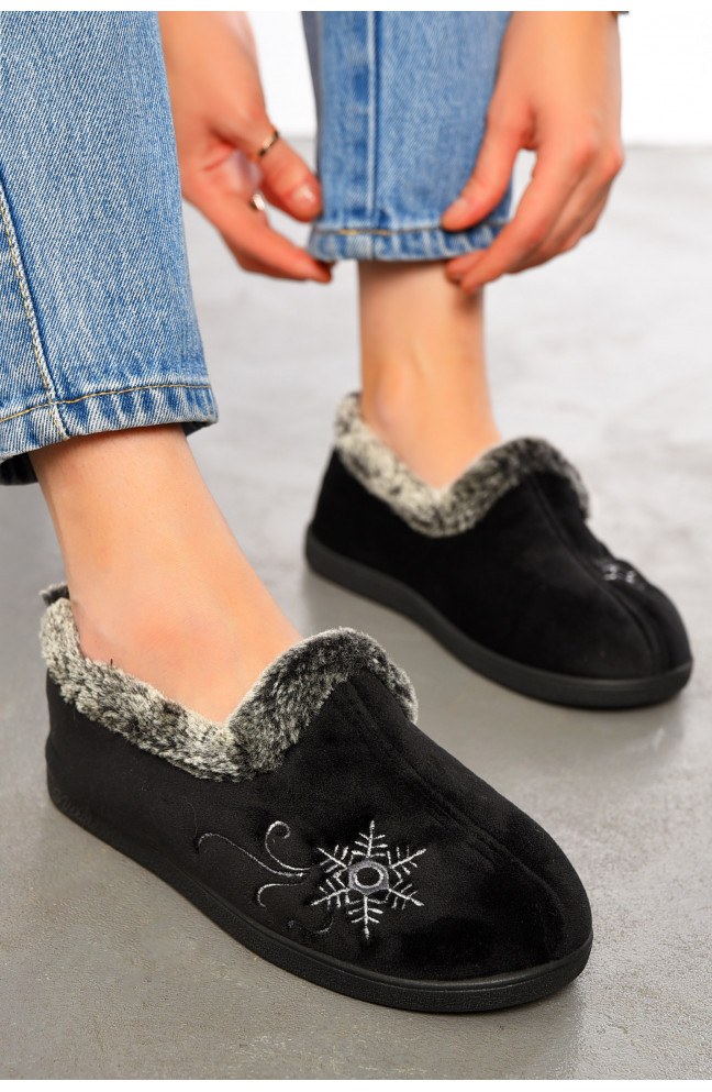 Тапочки женские на меху черного цвета с рисунком 193290L