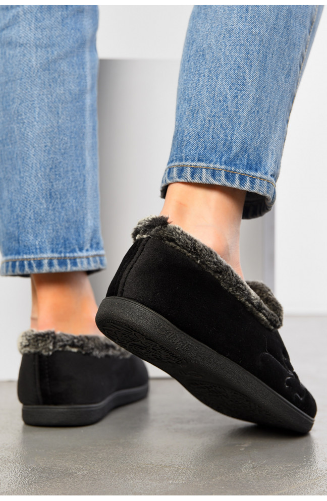 Тапочки женские на меху черного цвета с рисунком 193290L