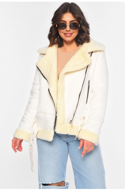 Дубленка женская на искусственном меху белого цвета 196817L