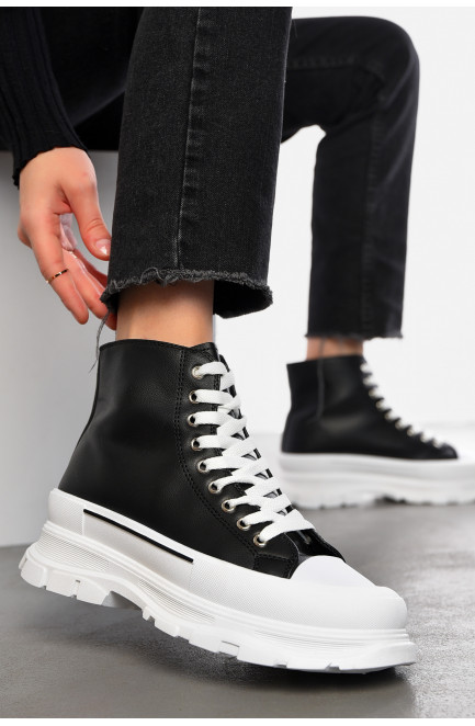 Кеды женские высокие черно-белого цвета на шнуровке 197161L